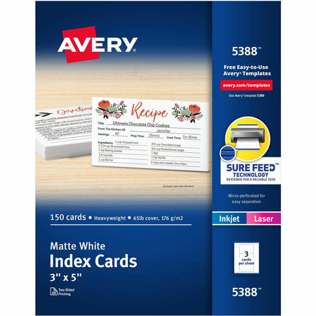 Avery®  Laser, Inkjet Printable Index Cards - 97 Brightness - A7 - 3" x 5" - Perforated, Smudge-free, Jam-free, Uncoated - White - 150 / Box