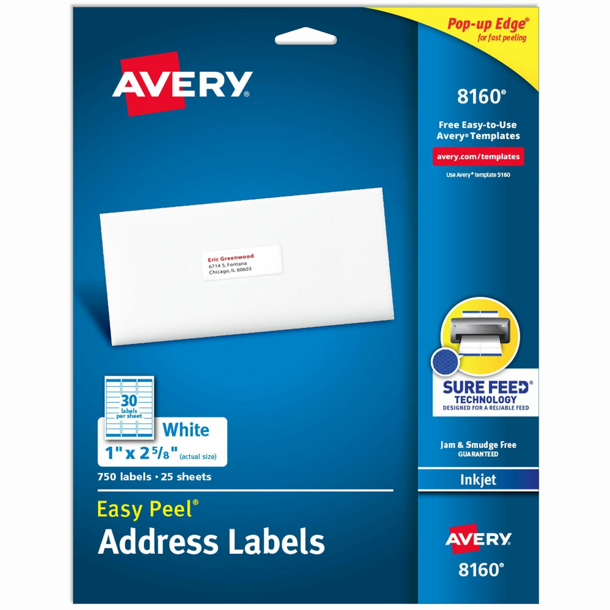 Avery®  Easy Peel®  Address Labels with Sure Feed™ Technology - 1" Width x 2 5/8" Length - Permanent Adhesive - Rectangle - Inkjet - White - Paper - 30 / Sheet - 25 Total Sheets - 750 Total Label(s) - 750 / Pack