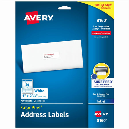 Avery®  Easy Peel®  Address Labels with Sure Feed™ Technology - 1" Width x 2 5/8" Length - Permanent Adhesive - Rectangle - Inkjet - White - Paper - 30 / Sheet - 25 Total Sheets - 750 Total Label(s) - 750 / Pack