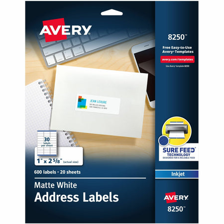 Avery®  Color Printing Labels - 1" Width x 2 5/8" Length - Permanent Adhesive - Rectangle - Inkjet - White - Paper - Permanent Adhesive, Jam Resistant, Customizable - 30 / Sheet - 20 Total Sheets - 600 Total Label(s) - 600 / Pack