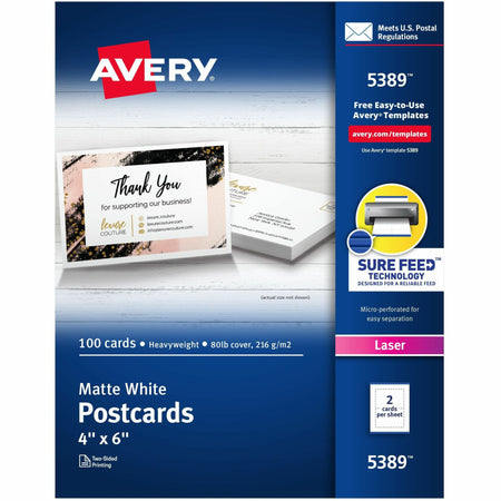 Avery®  Sure Feed Postcards - 97 Brightness - 4" x 6" - 80 lb Basis Weight - 216 g/m&#178; Grammage - Matte - Perforated, Heavyweight, Rounded Corner, Uncoated, Smudge-free, Recyclable, Printable, Double-sided, Jam-free - White - 100 / Box