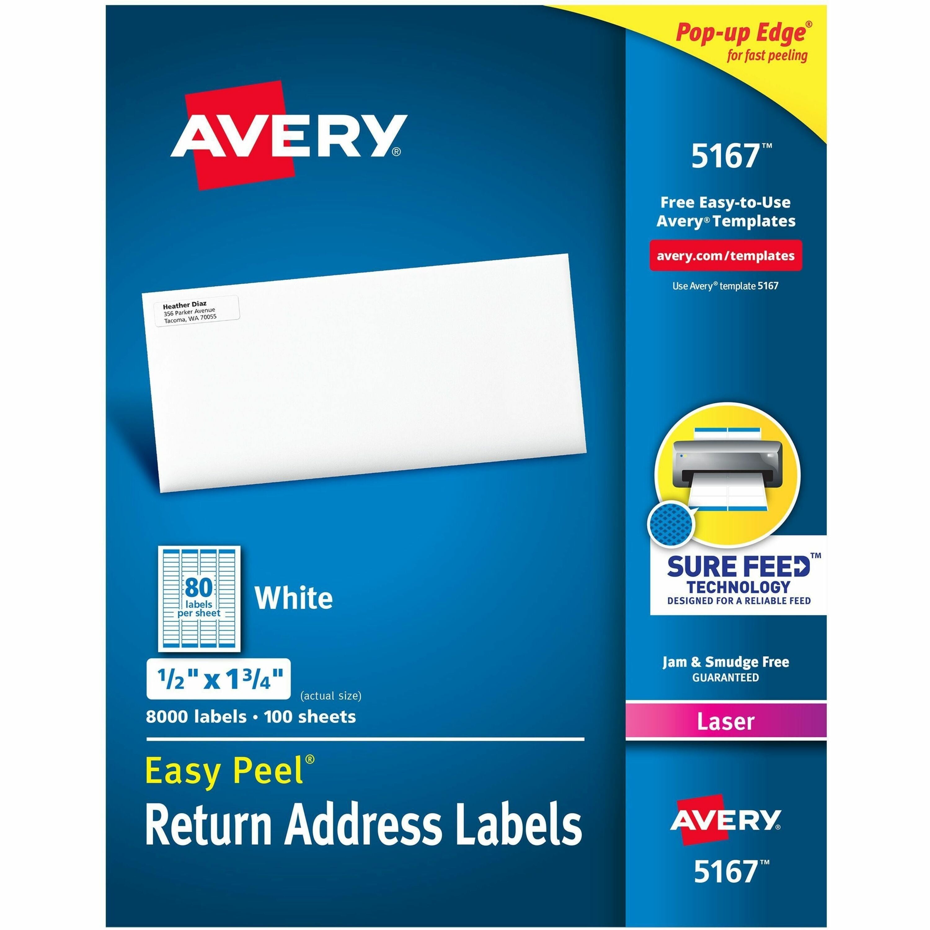 Avery®  Easy Peel®  Return Address Labels with Sure Feed™ Technology - 1/2" Width x 1 3/4" Length - Permanent Adhesive - Rectangle - Laser - White - Paper - 80 / Sheet - 100 Total Sheets - 8000 Total Label(s) - 8000 / Box