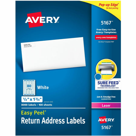 Avery®  Easy Peel®  Return Address Labels with Sure Feed™ Technology - 1/2" Width x 1 3/4" Length - Permanent Adhesive - Rectangle - Laser - White - Paper - 80 / Sheet - 100 Total Sheets - 8000 Total Label(s) - 8000 / Box