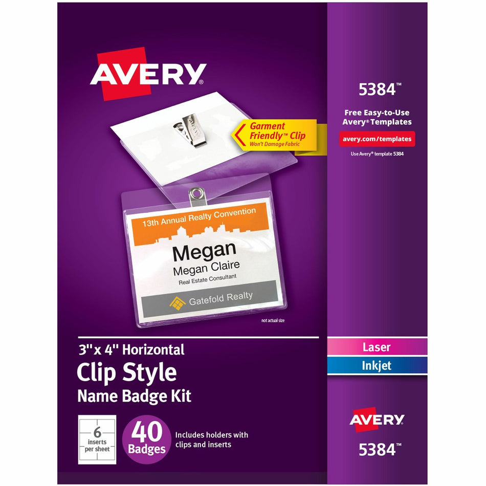 Avery® Name Badges with Clips, 3" x 4" , 40 Badges (5384) - 8 1/2" x 11" - Printable, Durable, Clip, Reusable, Perforated, Self-adhesive, Flexible - White - 40 / Box