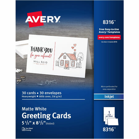 Avery®  Half-Fold Greeting Cards, Matte, 5-1/2" x 8-1/2" , 30 Cards/Envelopes (8316) - 97 Brightness - 8 1/2" x 5 1/2" - Matte - Perforated, Heavyweight, Rounded Corner - White - 30 / Box