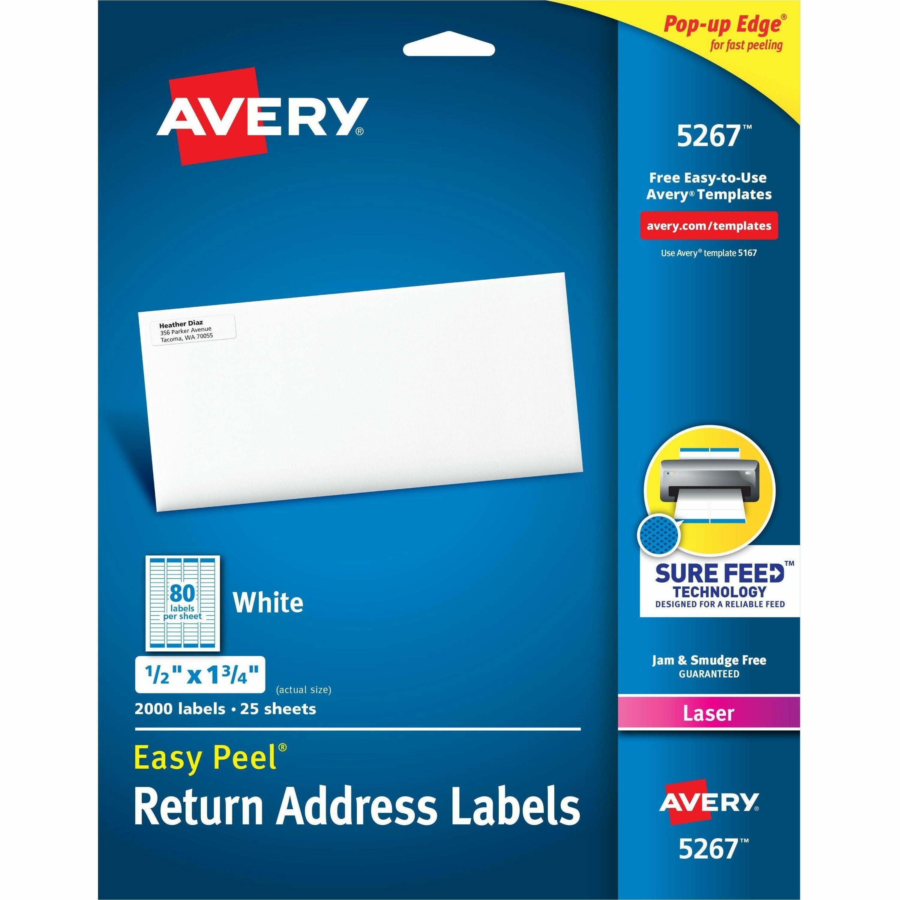 Avery®  Easy Peel Mailing Laser Labels - 1/2" Width x 1 3/4" Length - Permanent Adhesive - Rectangle - Laser - White - Paper - 80 / Sheet - 25 Total Sheets - 2000 Total Label(s) - 2000 / Pack