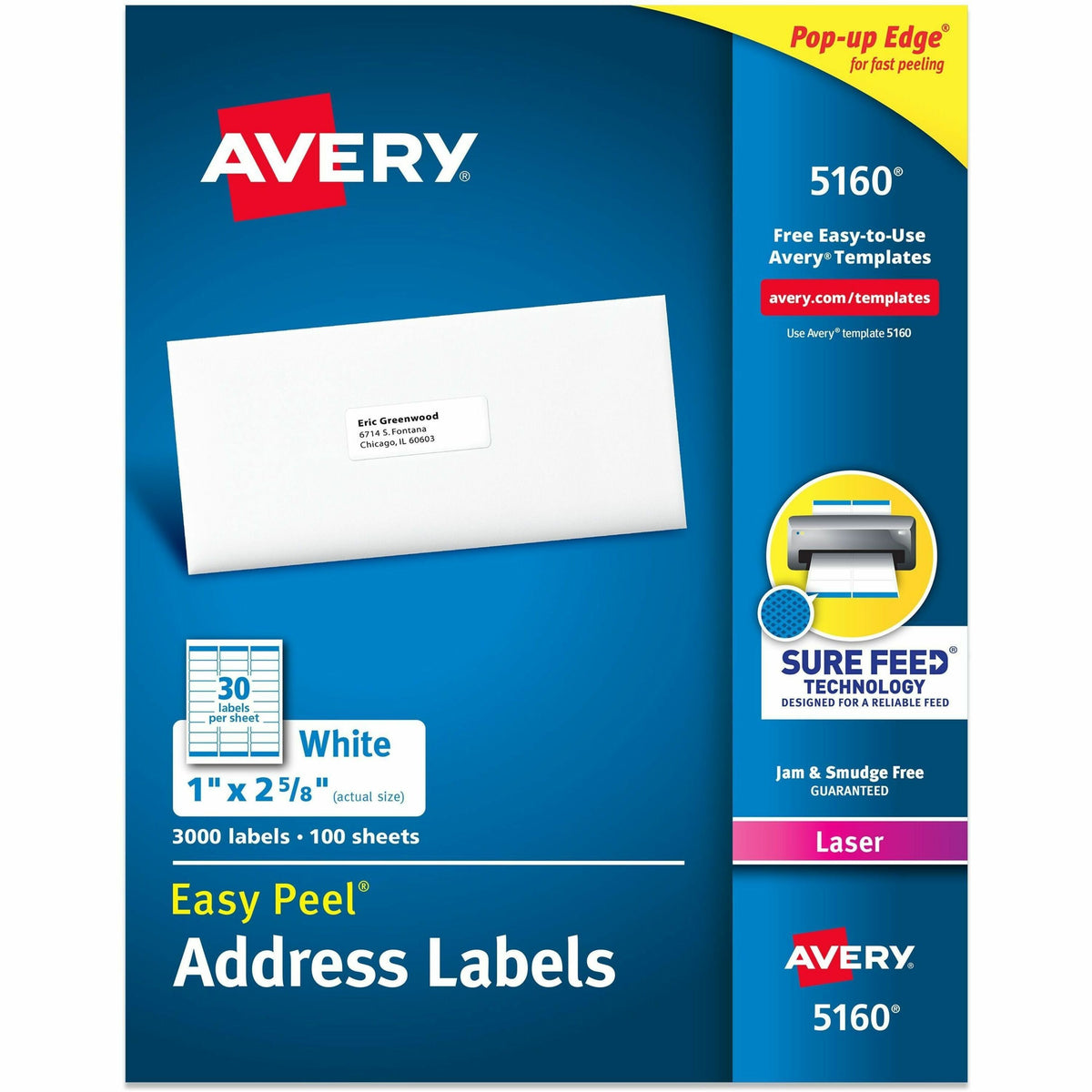 Avery®  Easy Peel®  Address Labels with Sure Feed™ Technology - 1" Width x 2 5/8" Length - Permanent Adhesive - Rectangle - Laser - White - Paper - 30 / Sheet - 100 Total Sheets - 3000 Total Label(s) - 3000 / Box