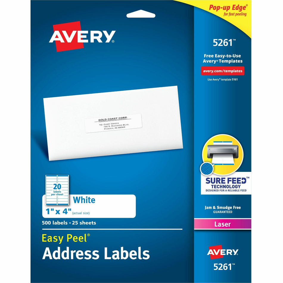 Avery®  Easy Peel Address Labels - 1" Width x 4" Length - Permanent Adhesive - Rectangle - Laser - White - Paper - 20 / Sheet - 25 Total Sheets - 500 Total Label(s) - 500 / Pack