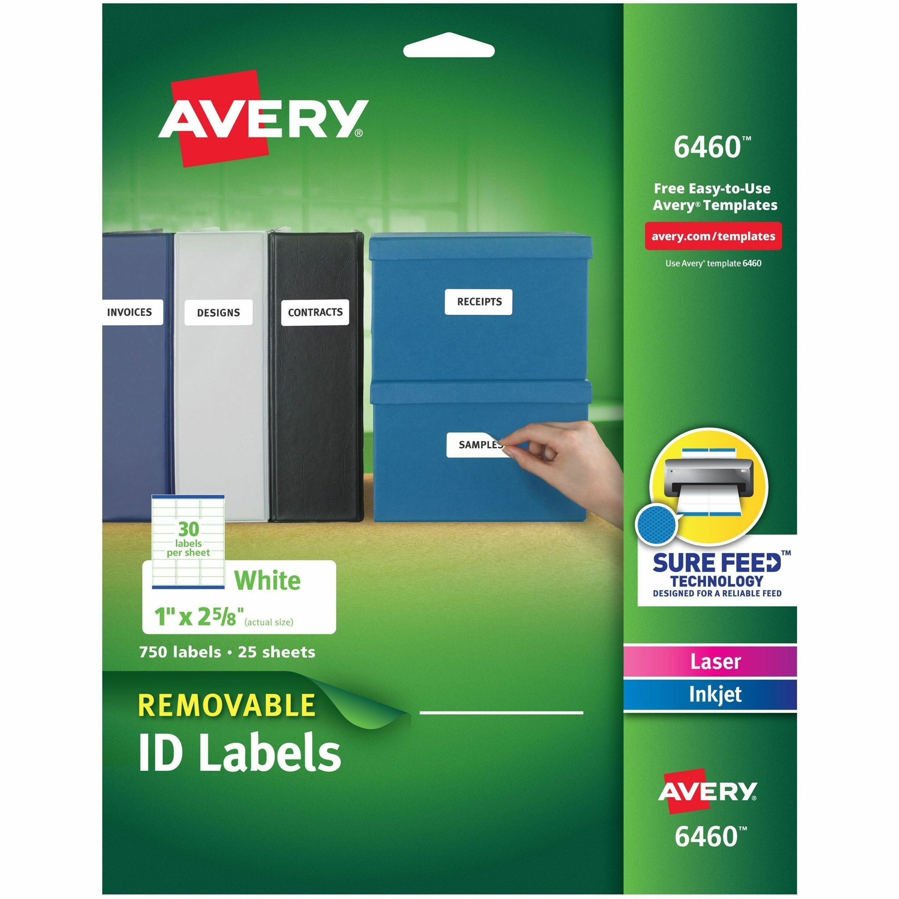 Avery®  Removable I.D. Laser/Inkjet Labels - 1" Width x 2 5/8" Length - Removable Adhesive - Rectangle - Inkjet, Laser - White - Paper - Customizable, Jam Resistant, PVC-free, Removable - 30 / Sheet - 25 Total Sheets - 750 Total Label(s) - 750 / Pack