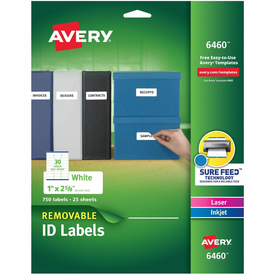 Avery®  Removable I.D. Laser/Inkjet Labels - 1" Width x 2 5/8" Length - Removable Adhesive - Rectangle - Inkjet, Laser - White - Paper - Customizable, Jam Resistant, PVC-free, Removable - 30 / Sheet - 25 Total Sheets - 750 Total Label(s) - 750 / Pack