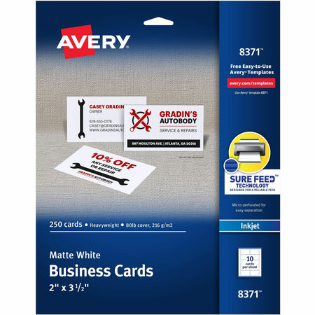 Avery®  Business Card - 97 Brightness - A4 - 8 1/2" x 11" - 80 lb Basis Weight - 216 g/m&#178; Grammage - Matte - Perforated, Heavyweight, Smooth Edge, Printable, Double-sided, Anti-jam, Smudge-free, Recyclable, Biodegradable - White - 250 / Pack
