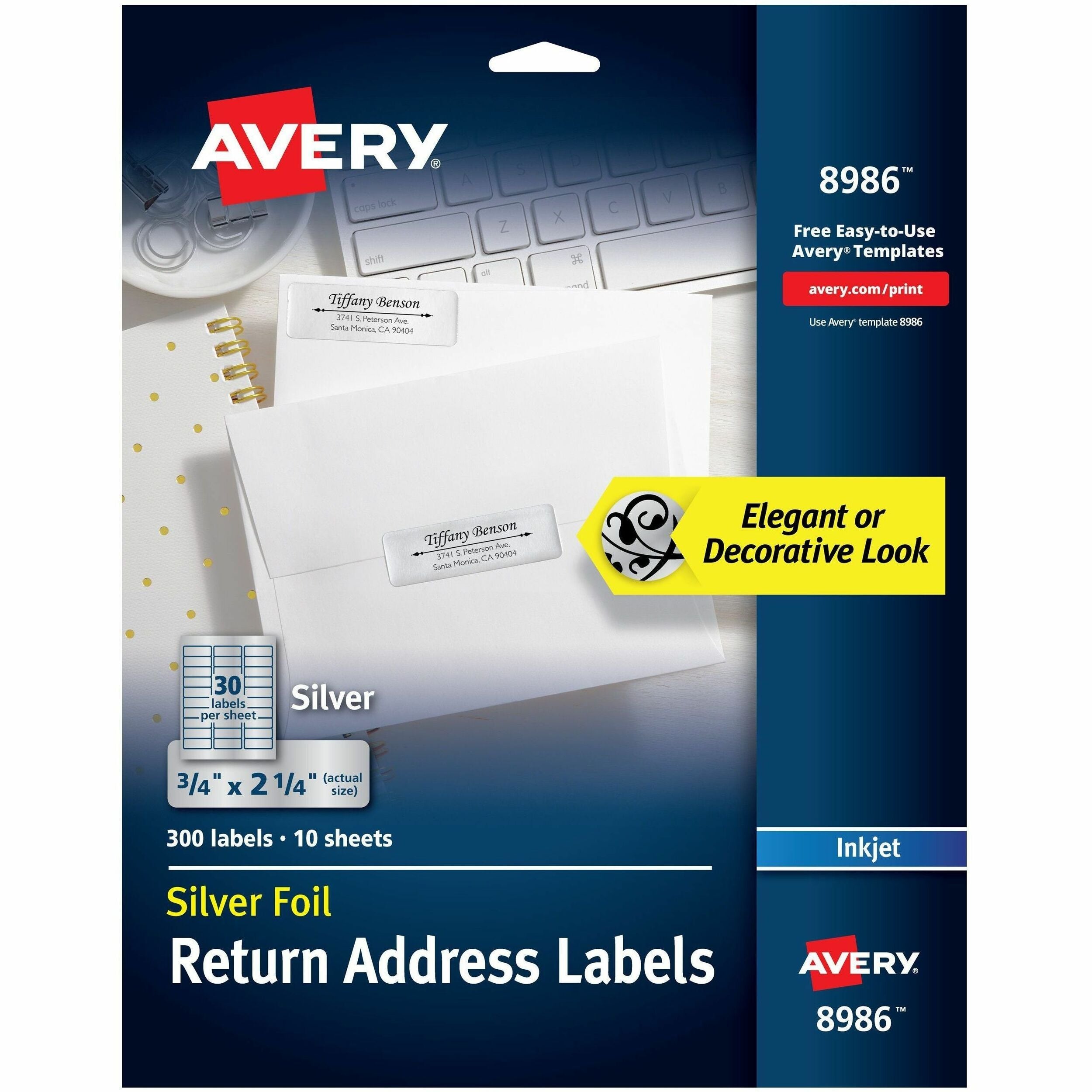 Avery®  Gold Foil Mailing Labels - 3/4" Width x 2 1/4" Length - Permanent Adhesive - Rectangle - Inkjet - Silver - Paper - 30 / Sheet - 10 Total Sheets - 300 Total Label(s) - 300 / Pack