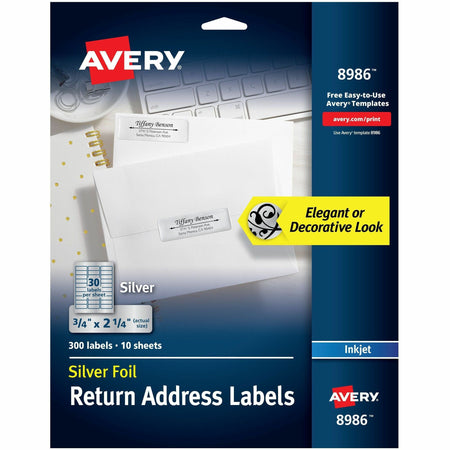 Avery®  Gold Foil Mailing Labels - 3/4" Width x 2 1/4" Length - Permanent Adhesive - Rectangle - Inkjet - Silver - Paper - 30 / Sheet - 10 Total Sheets - 300 Total Label(s) - 300 / Pack