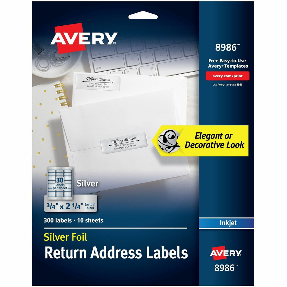 Avery®  Gold Foil Mailing Labels - 3/4" Width x 2 1/4" Length - Permanent Adhesive - Rectangle - Inkjet - Silver - Paper - 30 / Sheet - 10 Total Sheets - 300 Total Label(s) - 300 / Pack