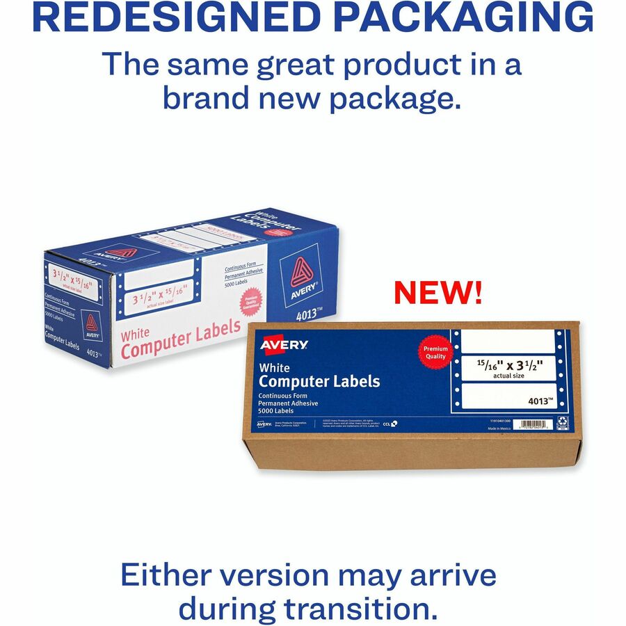 Avery®  Continuous Form Computer Labels - 3 1/2" Length - Permanent Adhesive - Rectangle - Dot Matrix - White - Permanent Adhesive, Stick & Stay, Customizable, Curl Resistant, PVC-free, Chlorine-free - 1 / Sheet - 5000 Total Label(s) - 5000 / Box