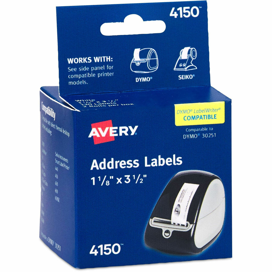 Avery®  Direct Thermal Roll Labels - 1 1/8" Width x 3 1/2" Length - Permanent Adhesive - Rectangle - Thermal - White - Paper - Water Resistant - 130 / Sheet - 130 / Roll - 2 Total Sheets - 260 Total Label(s) - 260 / Box