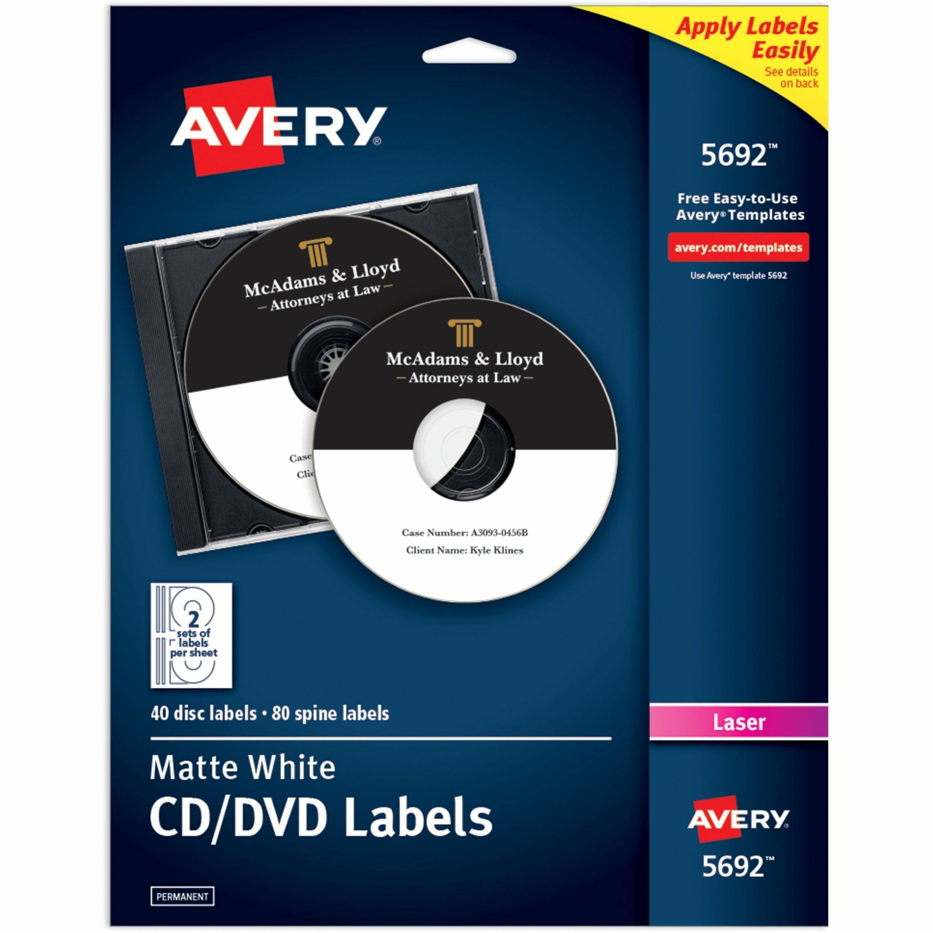 Avery®  Optical Disc Label - - HeightPermanent Adhesive - Laser - Matte - Matte White - Paper - Peel-off, Wrinkle-free, Smear Resistant, Smudge Resistant, Customizable, Strong - 2 / Sheet - 20 Total Sheets - 40 Total Label(s) - 40 / Pack