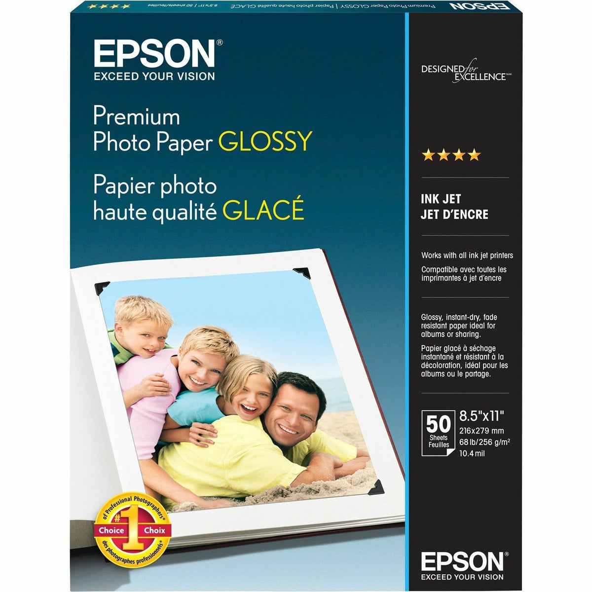 Epson Premium Photo Glossy Paper: High Gloss 92 Brightness 8.5’’ x 11’’ 68 lb - 50 Pack - Paper