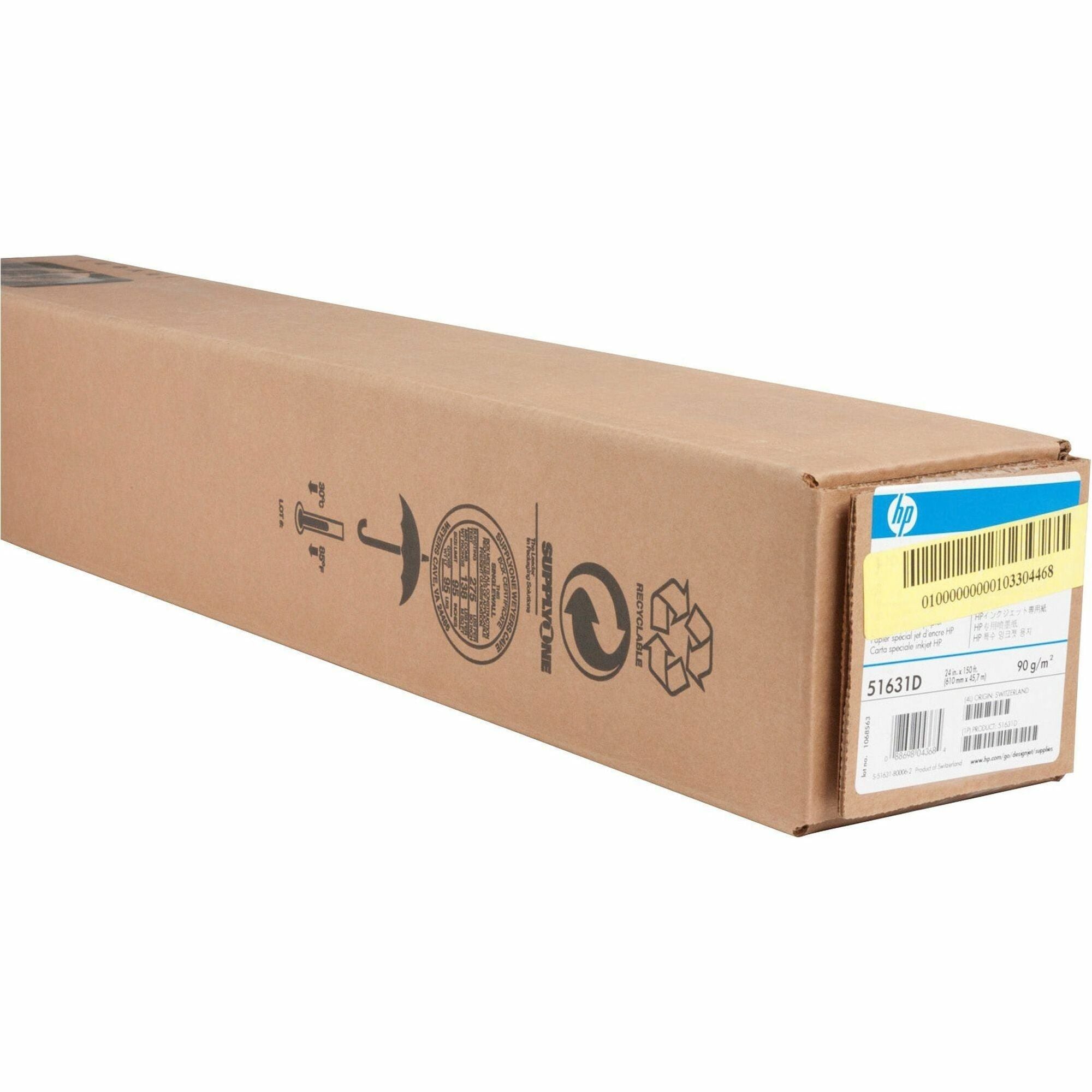HP Wide Format Special Inkjet Technical Paper - 96 Brightness - 91% Opacity - A1 - 24" x 150 ft - 24 lb Basis Weight - Matte - Smudge Resistant, Water Resistant, Quick Drying - Glossy - 1 Roll