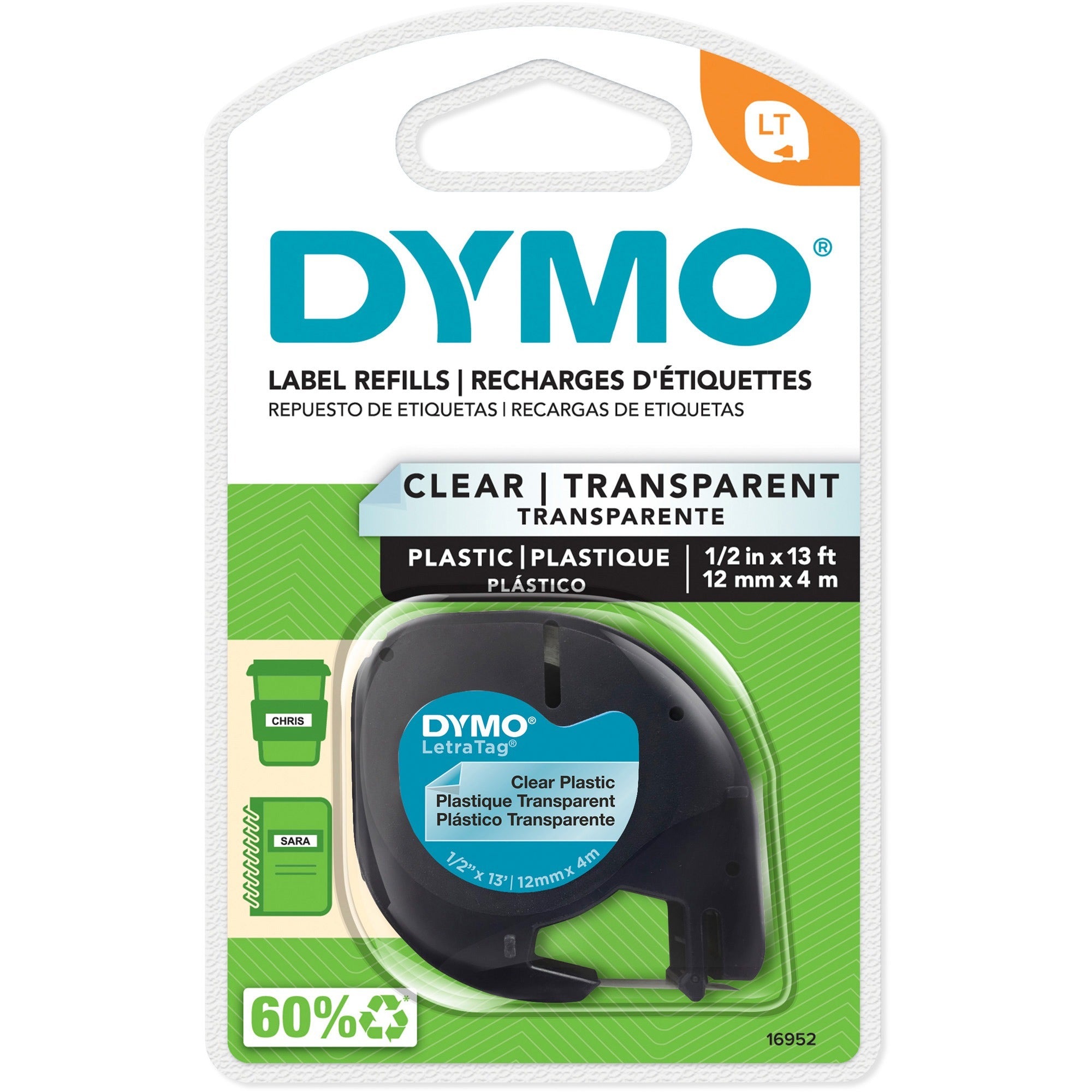 Dymo Letra Tag Labelmaker Tapes - 1/2" Width - Direct Thermal - Clear - Plastic - Easy Peel - 1 Each