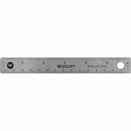 Westcott Stainless Steel Rulers - 6" Length x 0.8" Width - 1/16, 1/32 Graduations - Metric, Imperial Measuring System - Stainless Steel - Stainless Steel - 1 Each