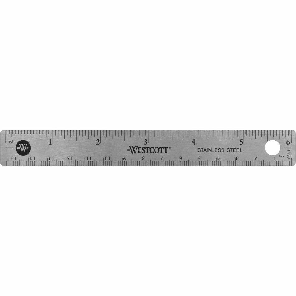 Westcott Stainless Steel Rulers - 6" Length x 0.8" Width - 1/16, 1/32 Graduations - Metric, Imperial Measuring System - Stainless Steel - Stainless Steel - 1 Each