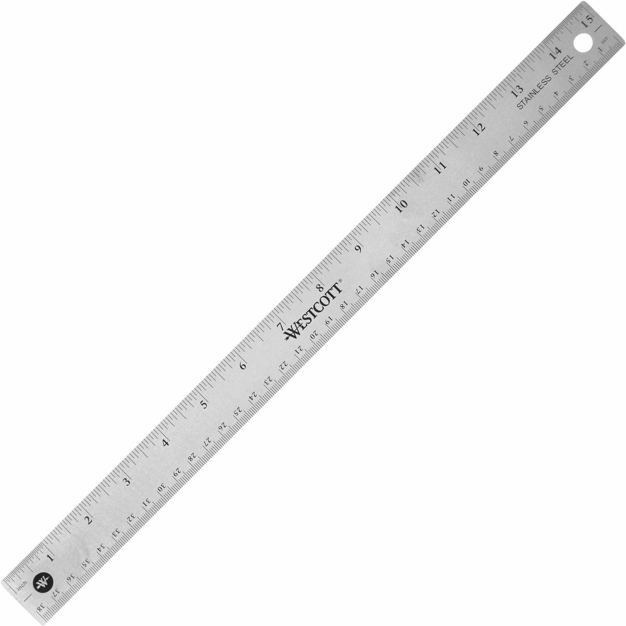 Westcott Stainless Steel Rulers - 15" Length x 1" Width - 1/16, 1/32 Graduations - Metric, Imperial Measuring System - Stainless Steel - Stainless Steel - 1 Each