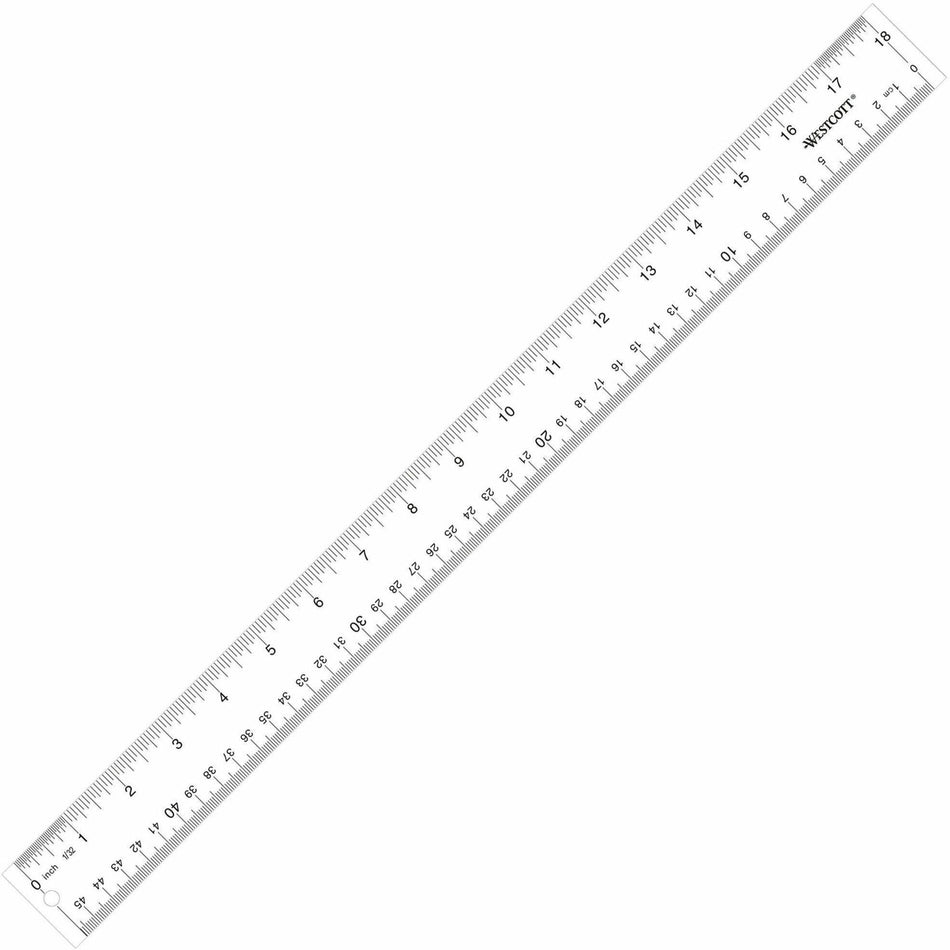 Westcott 18" Transparent Ruler - 18" Length x 1" Width - 1/16 Graduations - Imperial, Metric Measuring System - Acrylic - Clear - 1 Each