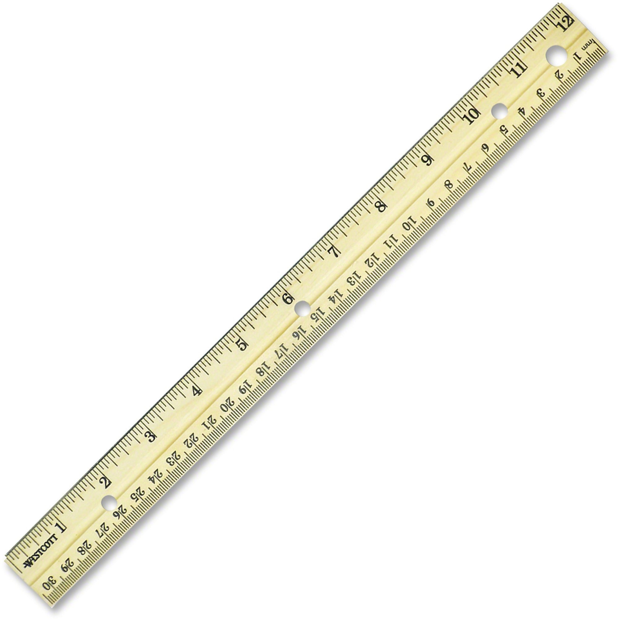Westcott Metal Edge English/Metric Wood Ruler - 12" Length x 1" Width - 1/16 Graduations - Metric, Imperial Measuring System - Wood - 1 Each