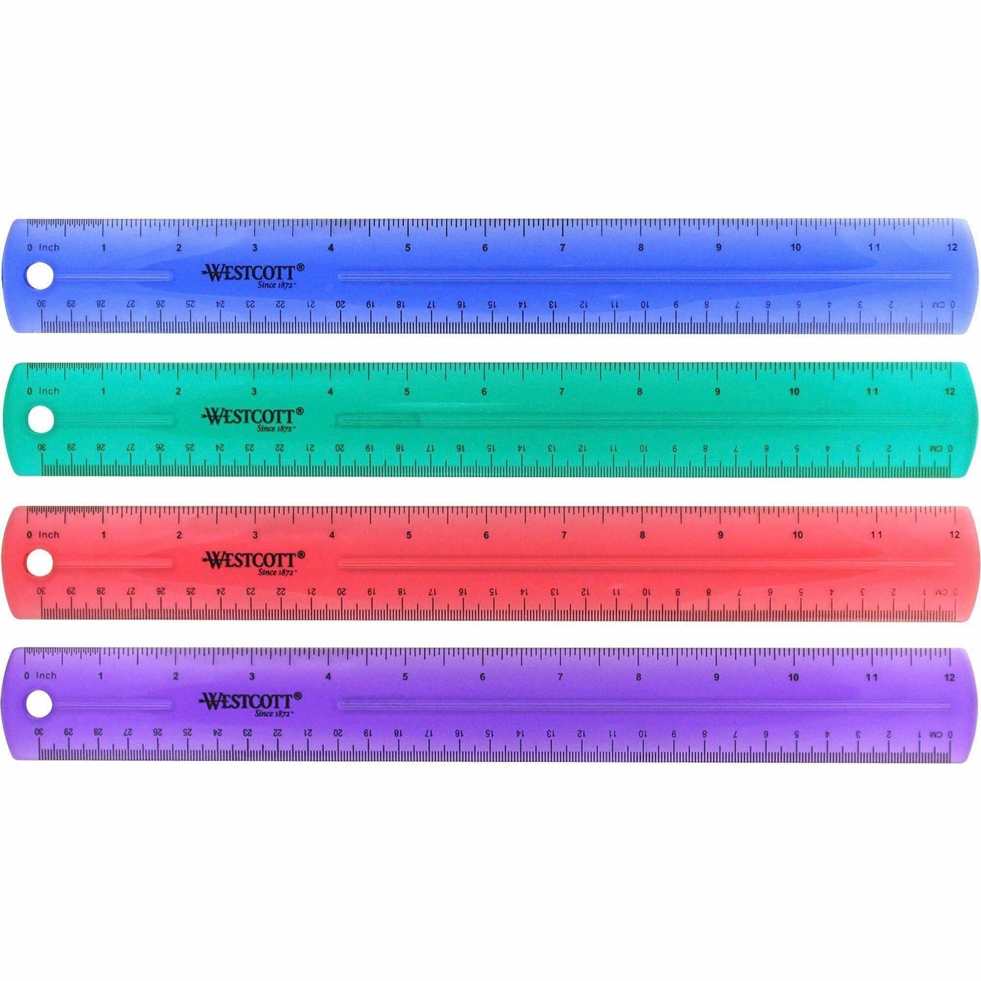 Westcott Transparent Jeweltone 12" Plastic Ruler - 12" Length x 1" Width - 1/16 Graduations - Metric, Imperial Measuring System - Plastic - Assorted - 1 Each