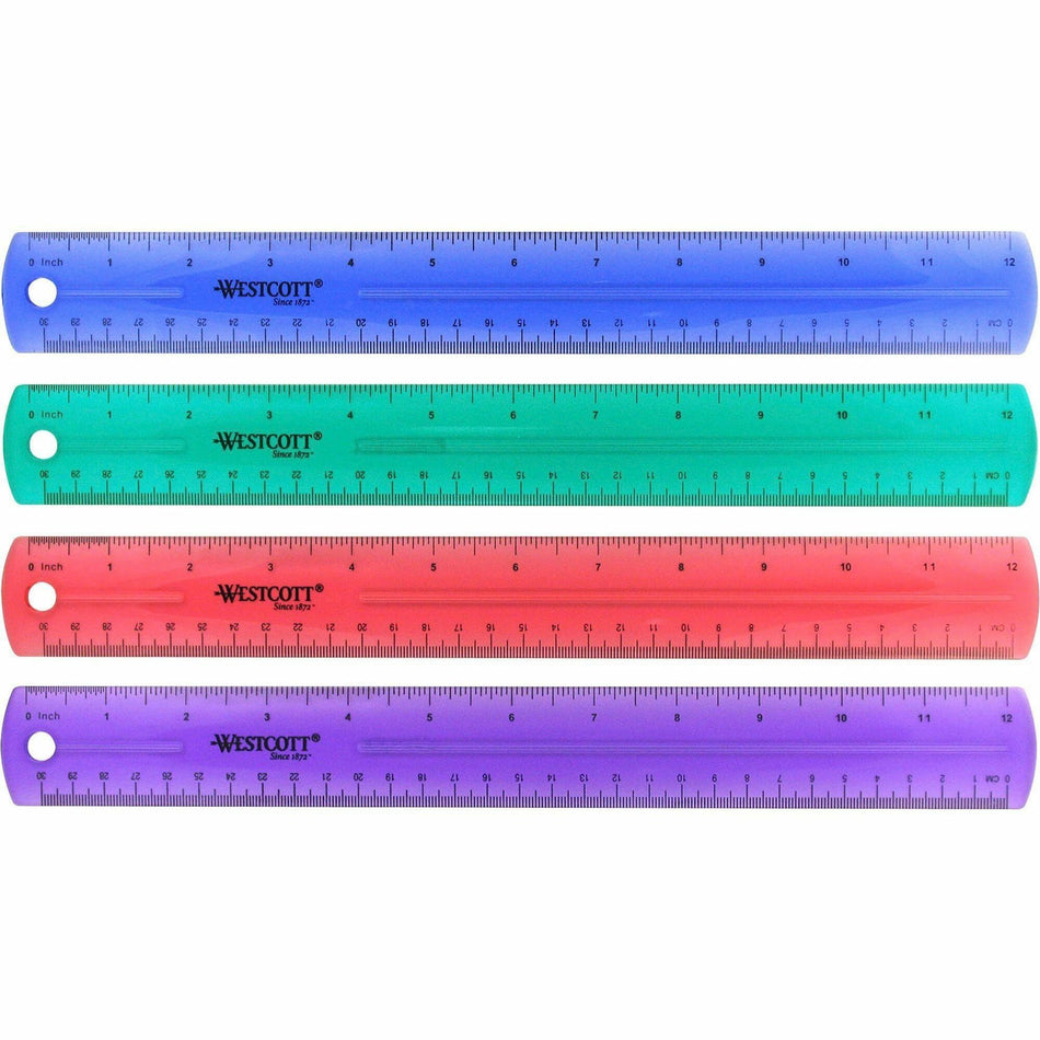 Westcott Transparent Jeweltone 12" Plastic Ruler - 12" Length x 1" Width - 1/16 Graduations - Metric, Imperial Measuring System - Plastic - Assorted - 1 Each