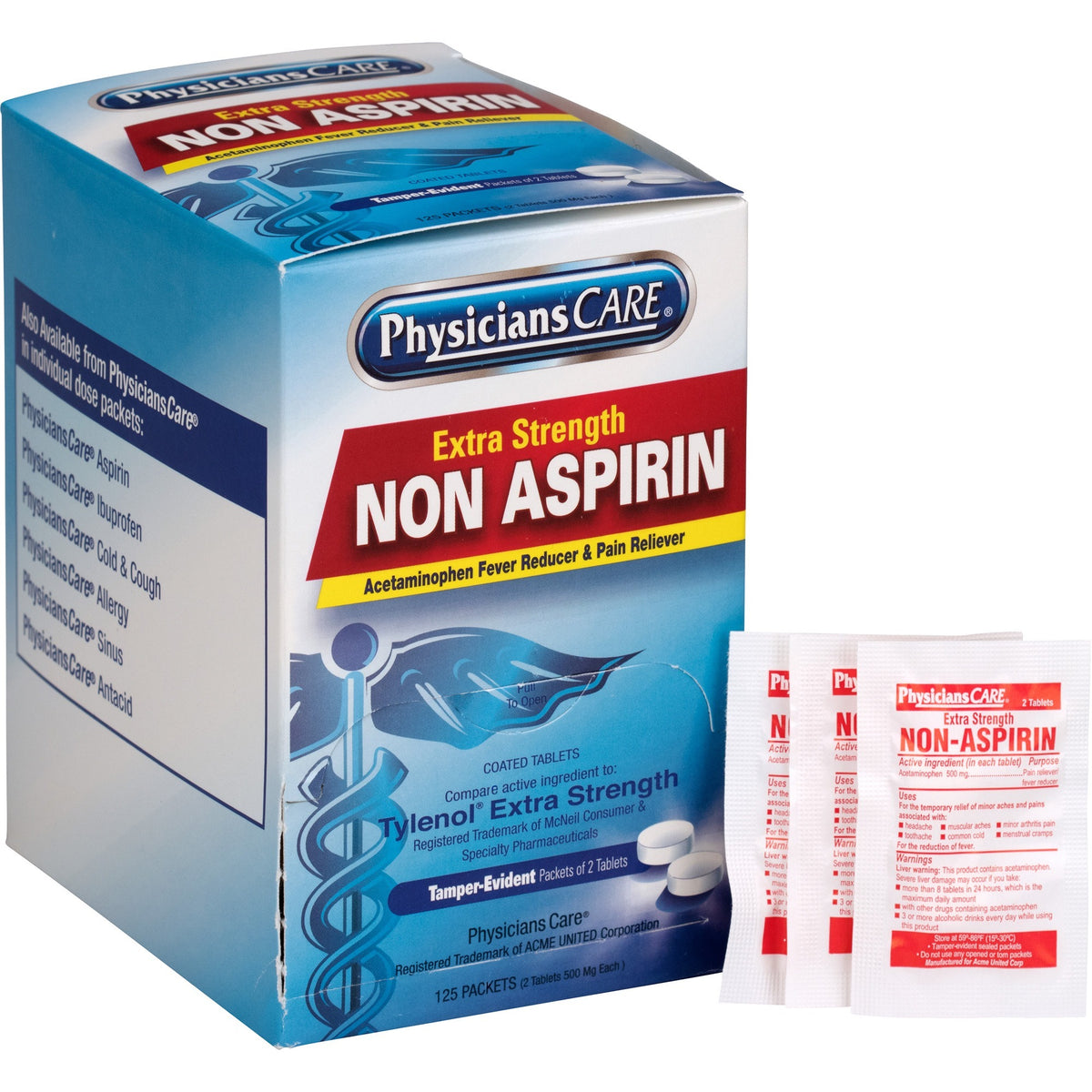 PhysiciansCare Single Dose Non-Aspirin Pain Reliever - For Pain, Fever - 2/Packet - 125 / Box