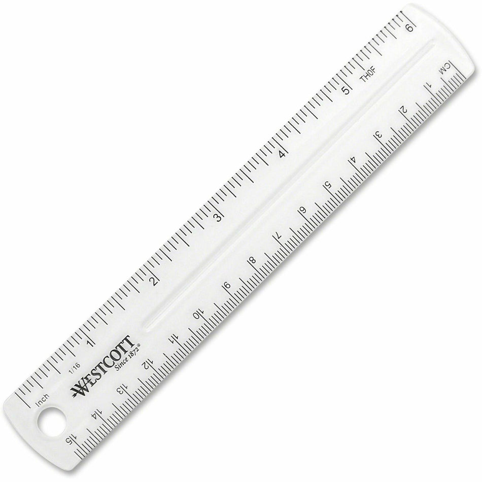 Westcott Clear Plastic Ruler - 6" Length x 1" Width - 1/16 Graduations - Metric, Imperial Measuring System - Plastic - Clear - 1 Each