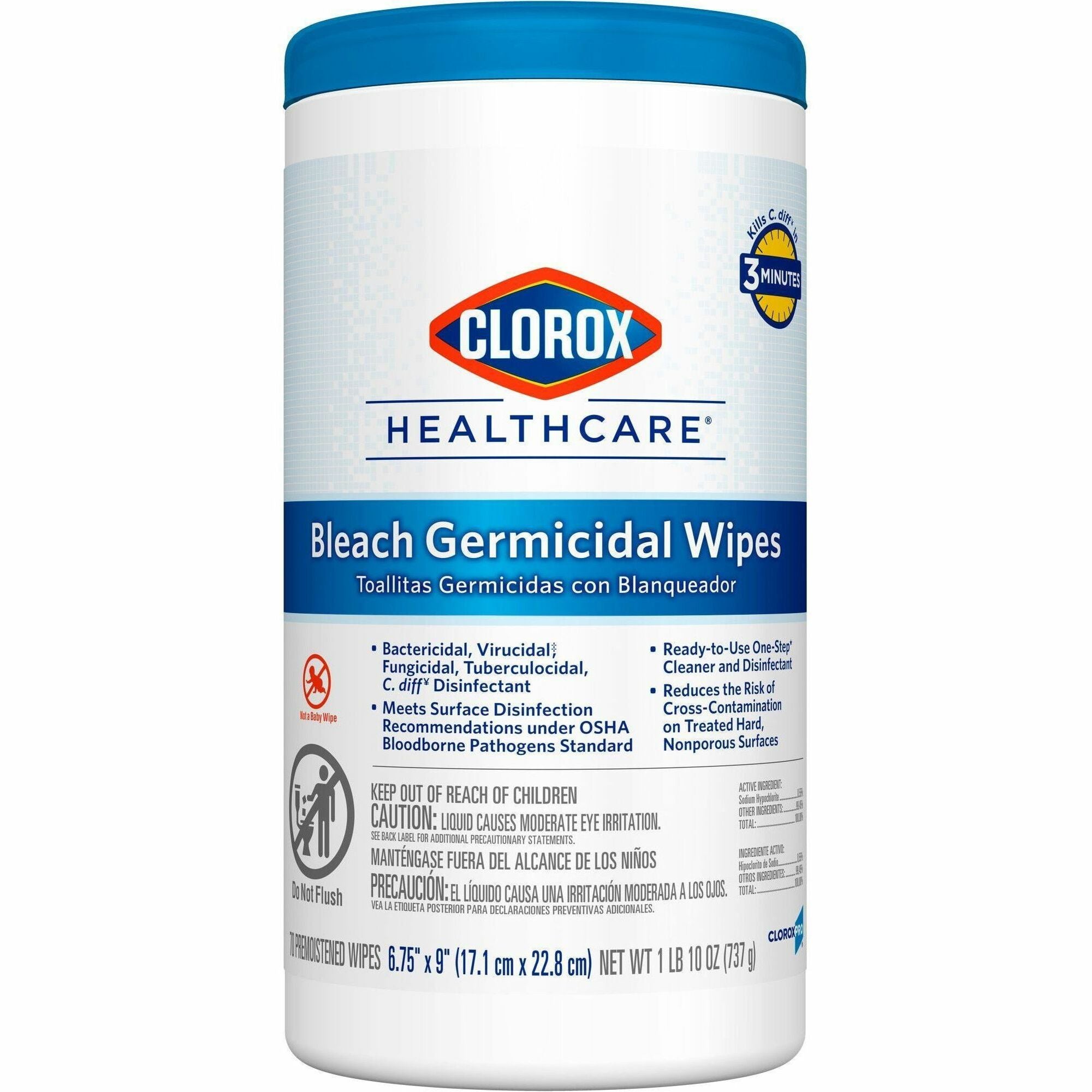 Clorox Healthcare Bleach Germicidal Wipes - Ready-To-Use - 9" Length x 6.75" Width - Disinfectant, Antimicrobial, Anti-corrosive, Unscented - White - 70/Tub - 1 Each