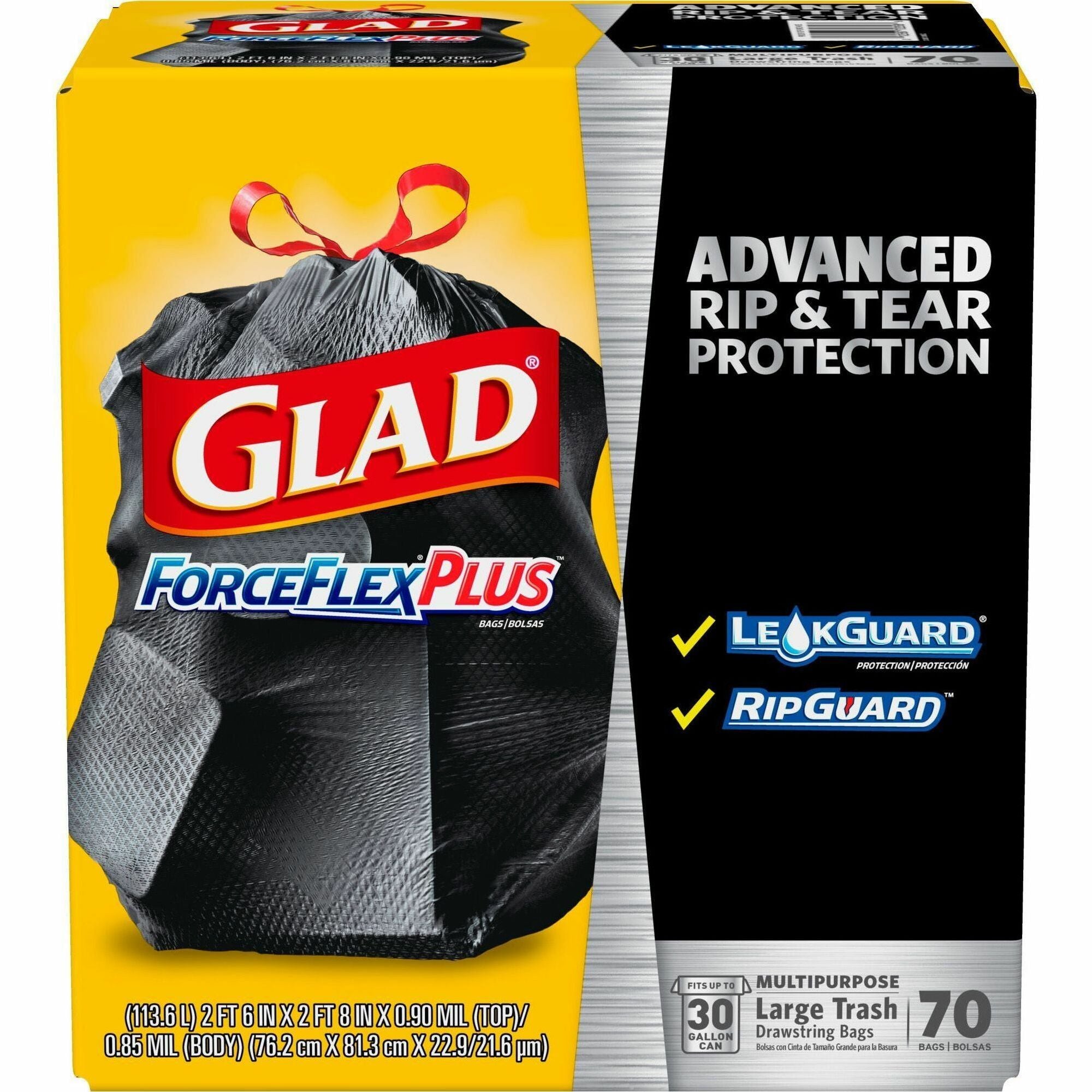 Glad Large Drawstring Trash Bags - ForceFlexPlus - 30 gal Capacity - 32" Length x 30" Width x 1.05 mil (27 Micron) Thickness - Black - Office Waste - 70 / Carton