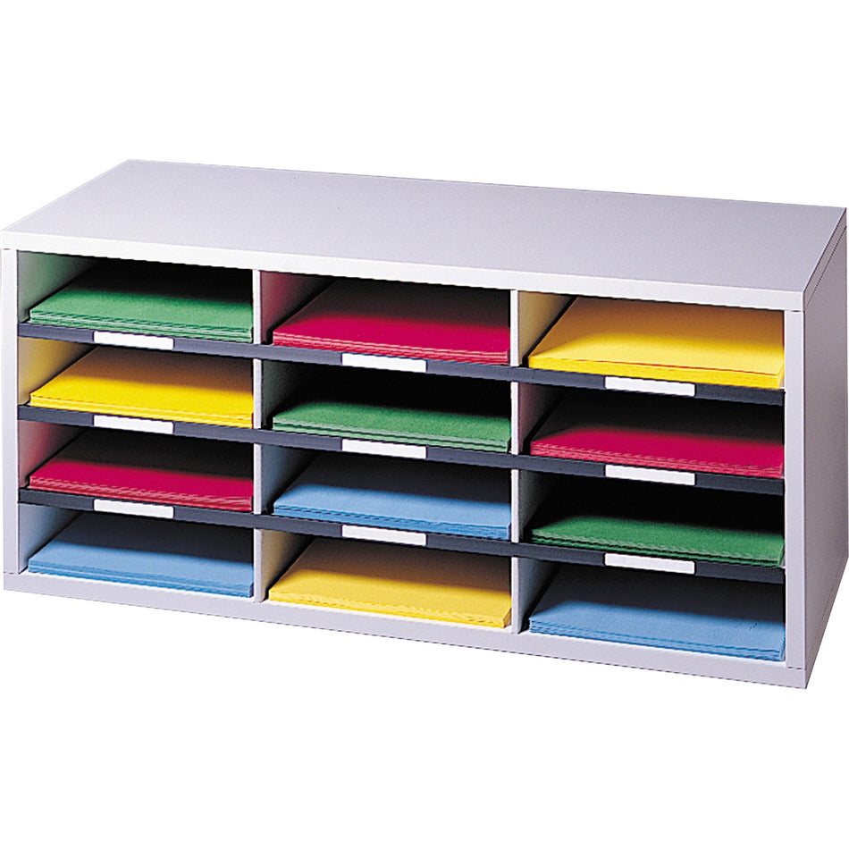 Fellowes 12-Compartment Sorter Literature Organizer - 12 Compartment(s) - Compartment Size : 2.50" x 9" x 11.63" - 12.94" Height x 29" Width x 11.88" Depth - Corrugated - Dove Gray - Particleboard - 1 Each
