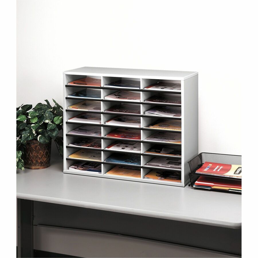 Fellowes 24-Compartment Sorter Literature Organizer - 24 Compartment(s) - Compartment Size : 2.50" x 9" - 23.44" Height x 29" Width x 11.88" Depth - Corrugated, Adhesive Label - Melamine - Dove Gray - Fiberboard, Wood - 1 Each