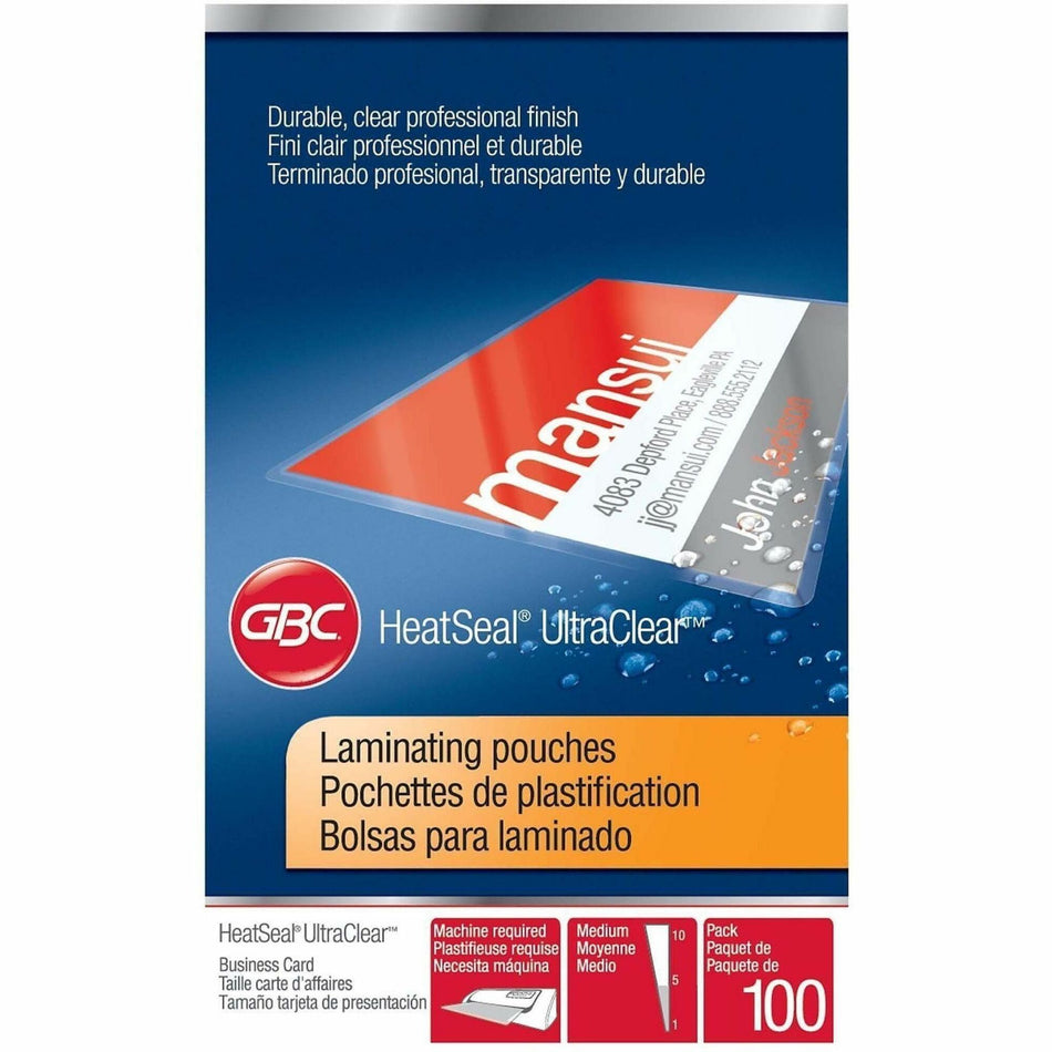 GBC HeatSeal UltraClear Laminating Pouches - Laminating Pouch/Sheet Size: 2.18" Width x 3.68" Length x 7 mil Thickness - for Business Card - Clear - 100 / Box