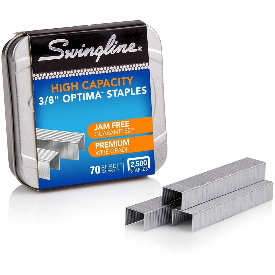 Swingline Optima High Capacity Staples - High Capacity - 3/8" Leg - 1/2" Crown - Holds 70 Sheet(s) - for Paper - Silver - 0.5" Width x 0.4" Length - 125 Per Strip - 2500 / Box