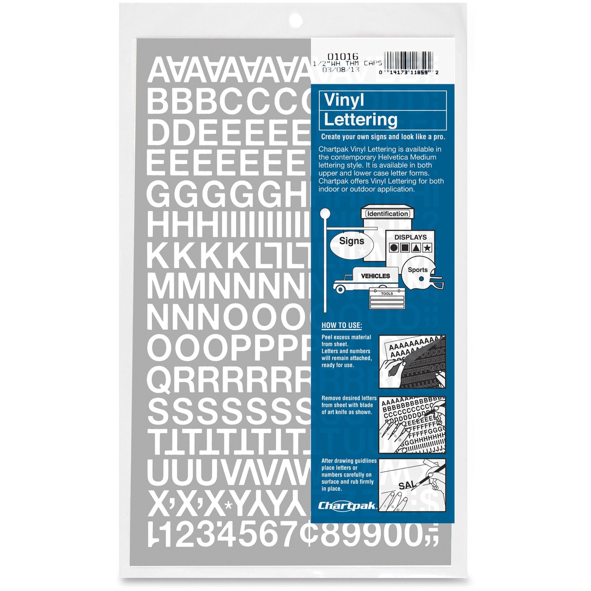 Chartpak Vinyl Helvetica Style Letters/Numbers - 12 x Numbers, 167 x Capital Letters Shape - Self-adhesive - Helvetica Style - Easy to Use - 0.50" Height - White - Vinyl - 201 / Pack