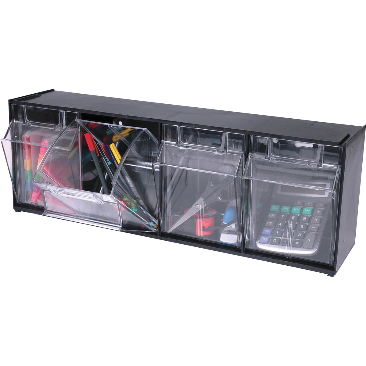 Deflecto Tilt Bin Interlocking Multi-Bin Storage Organizer - 4 Compartment(s) - 8.13" Height x 23.63" Width x 6.62" Depth - Interlockable - Black - Plastic - 1 Each