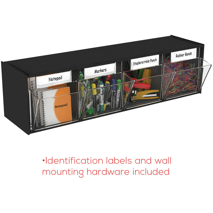 Deflecto Tilt Bin Interlocking Multi-Bin Storage Organizer - 4 Compartment(s) - 8.13" Height x 23.63" Width x 6.62" Depth - Interlockable - Black - Plastic - 1 Each