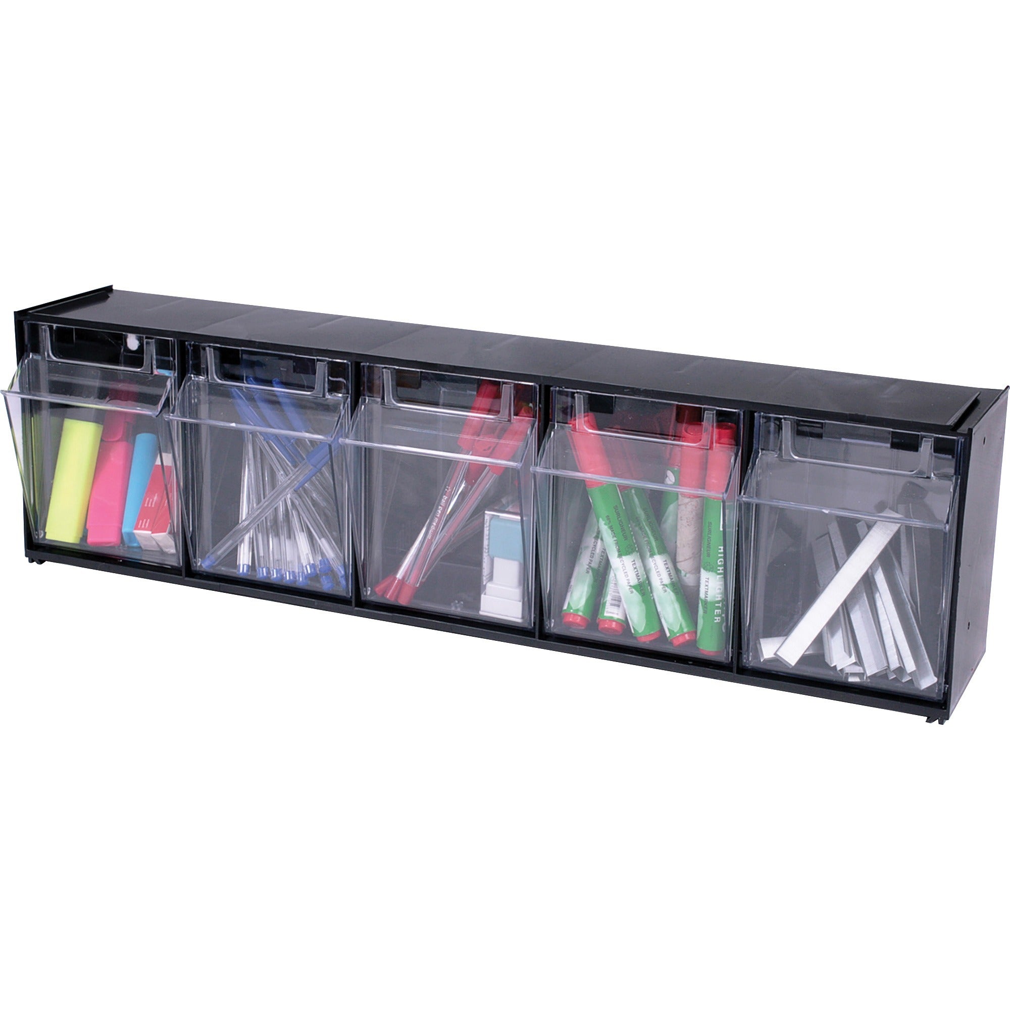 Deflecto Tilt Bin Interlocking Multi-Bin Storage Organizer - 5 Compartment(s) - 6.50" Height x 23.63" Width x 5.25" Depth - Interlockable - Black - Plastic - 1 Each