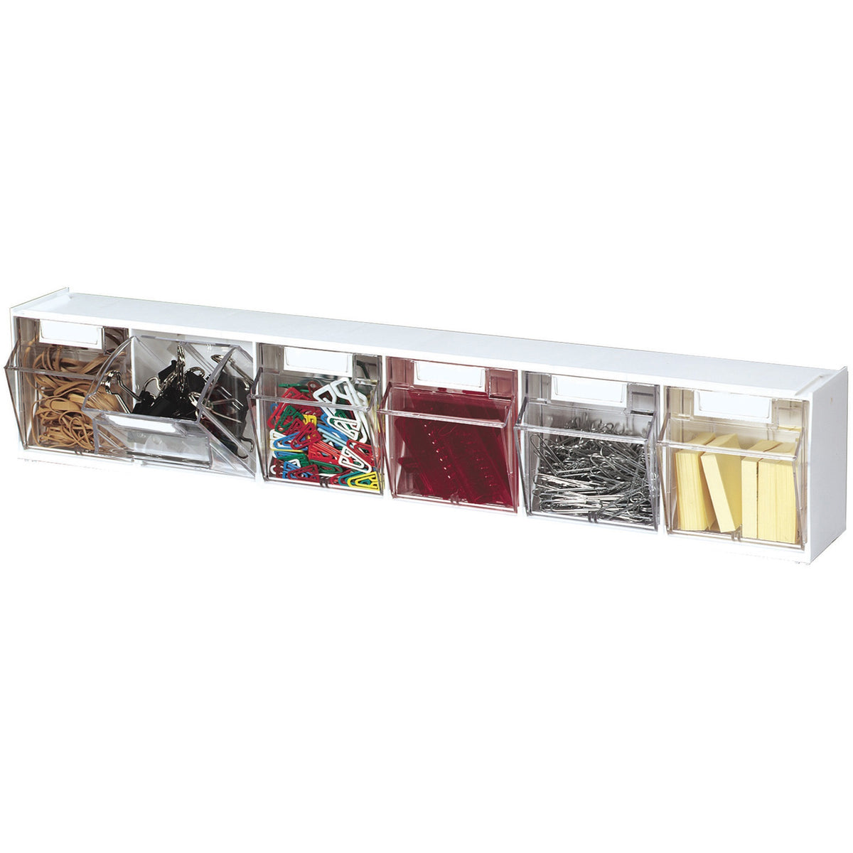 Deflecto Tilt Bin Interlocking Multi-Bin Storage Organizer - 6 Compartment(s) - 4.50" Height x 23.63" Width x 3.63" Depth - Desktop - Interlockable, Lockable - White - 1 Each