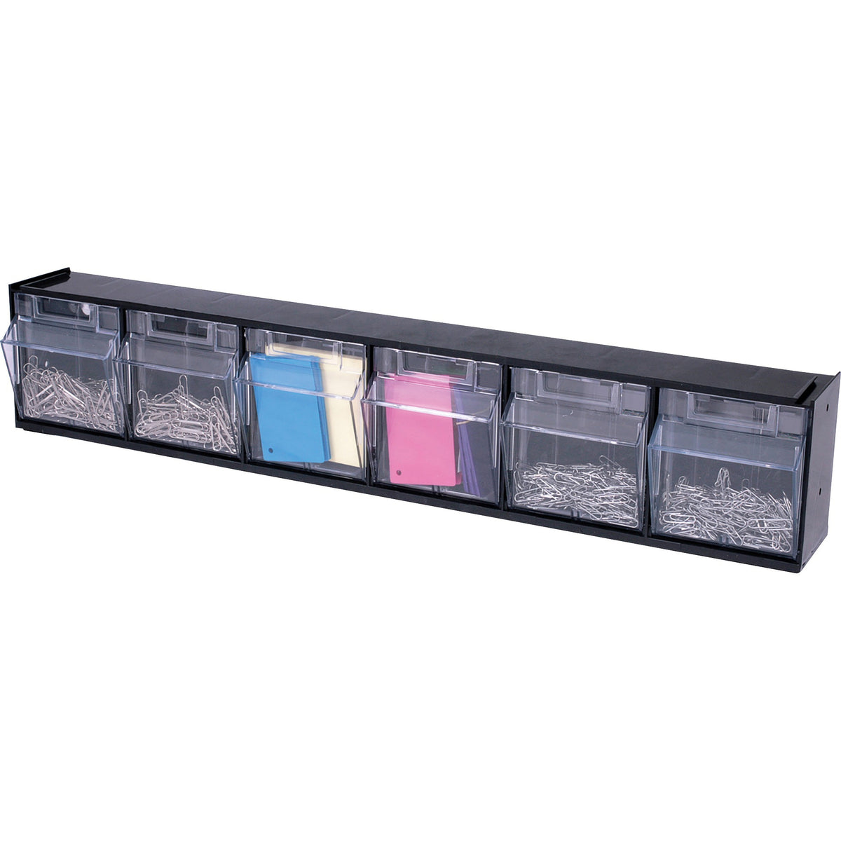 Deflecto Tilt Bin Interlocking Multi-Bin Storage Organizer - 6 Compartment(s) - 4.50" Height x 23.62" Width x 3.62" Depth - Desktop, Desktop - Interlockable, Removable, Easy to Clean, Freestanding - Black - Plastic - 1 Each