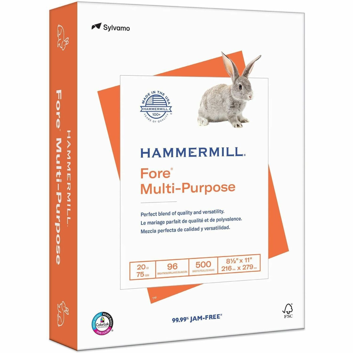 Hammermill Fore Multipurpose Copy Paper - White - 96 Brightness - Letter - 8 1/2" x 11" - 24 lb Basis Weight - Jam-free, Archival-safe - White - 500 Sheets per Ream - 10 / Carton