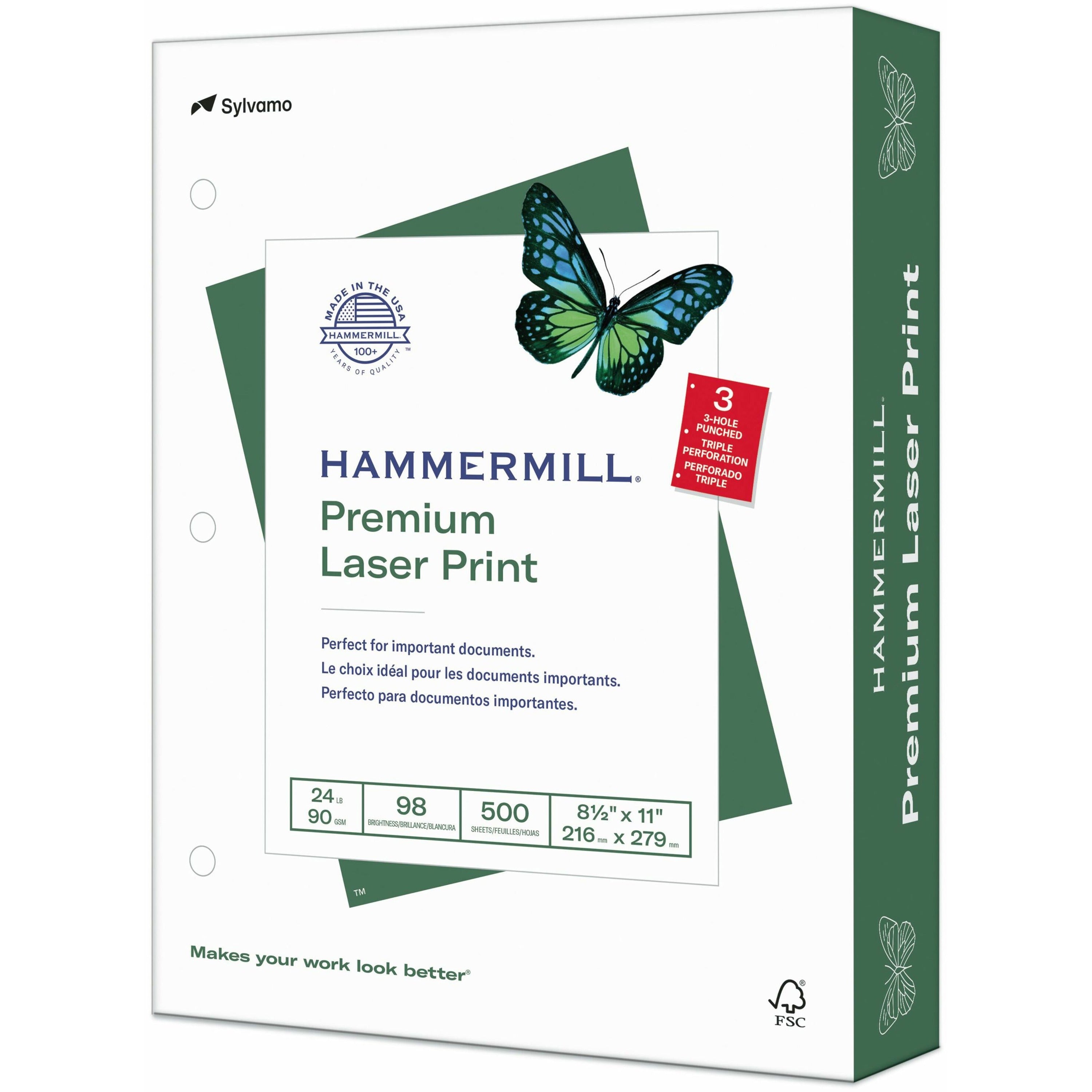 Hammermill Premium 3HP Laser Print Paper - White - 98 Brightness - Letter - 8 1/2" x 11" - 24 lb Basis Weight - Ultra Smooth - Sustainable Forestry Initiative (SFI) - White - 500 / Ream