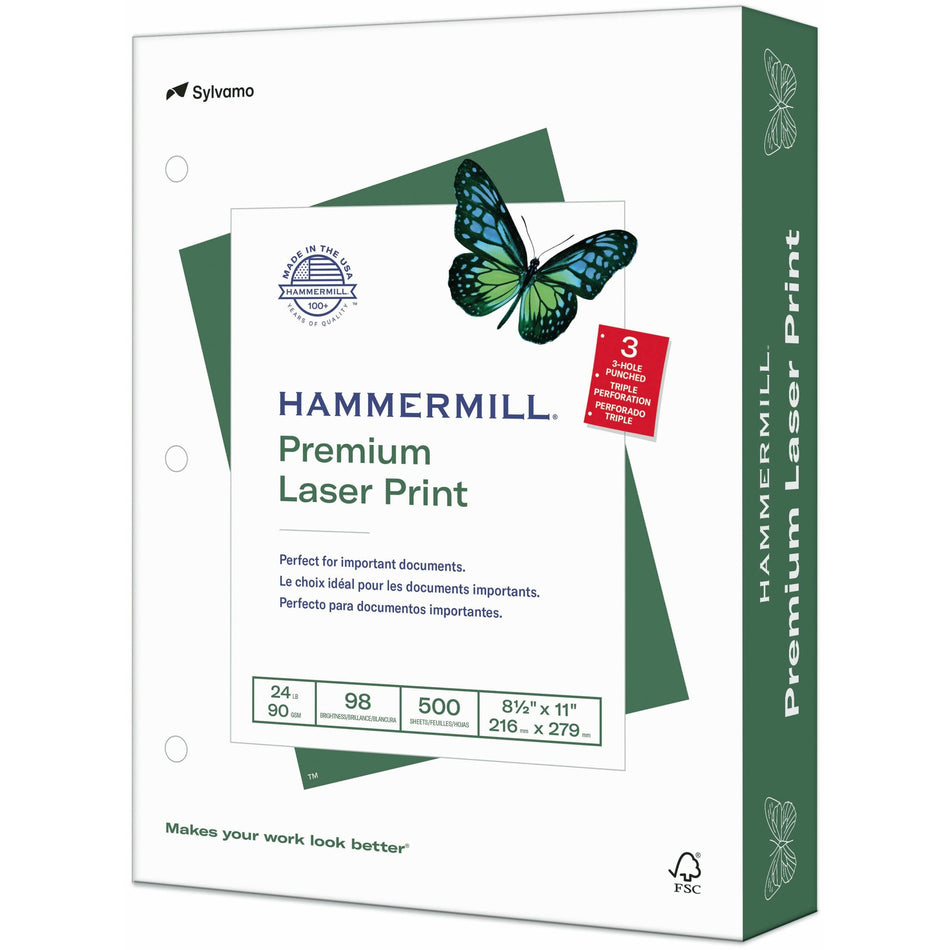 Hammermill Premium 3HP Laser Print Paper - White - 98 Brightness - Letter - 8 1/2" x 11" - 24 lb Basis Weight - Ultra Smooth - Sustainable Forestry Initiative (SFI) - White - 500 / Ream