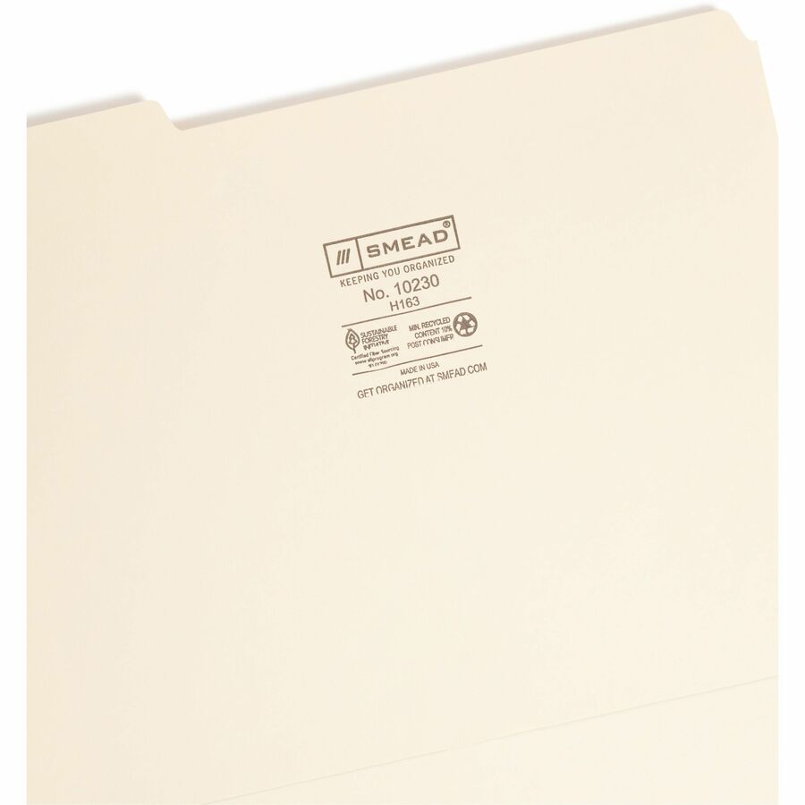 Smead 1/3 Tab Cut Letter Recycled Interior File Folder - 8 1/2" x 11" - 3/4" Expansion - Top Tab Location - Assorted Tab Position - 11 pt. - 1 Plys - Manila - 10% Recycled - 100 / Box