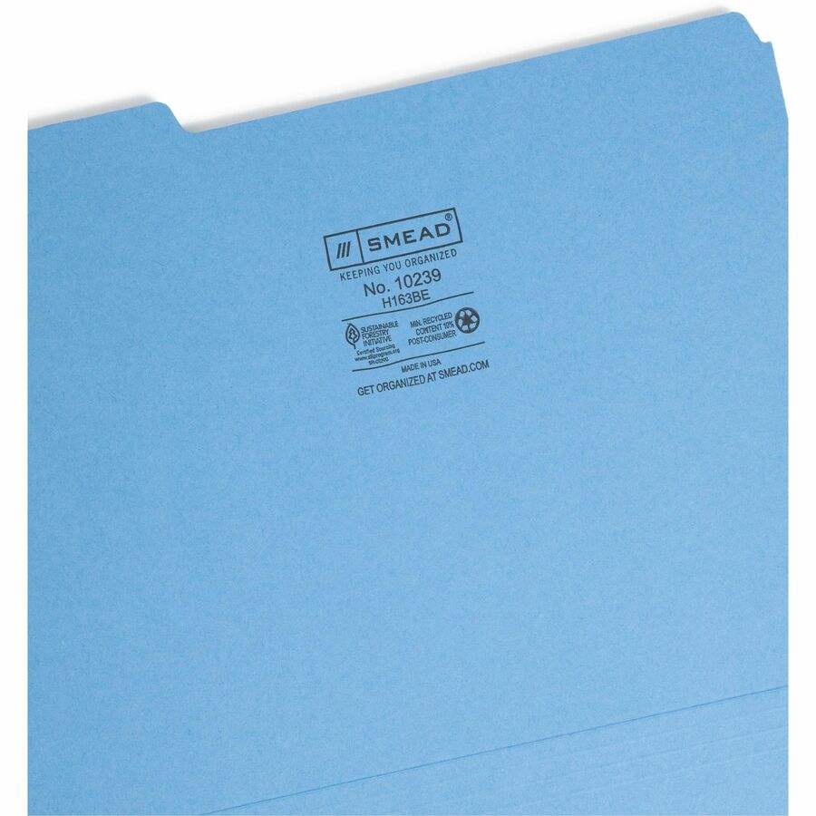 Smead 1/3 Tab Cut Letter Recycled Interior File Folder - 8 1/2" x 11" - 3/4" Expansion - Top Tab Location - Assorted Tab Position - 11 pt. - 1 Plys - Paper - Blue - 10% Recycled - 100 / Box
